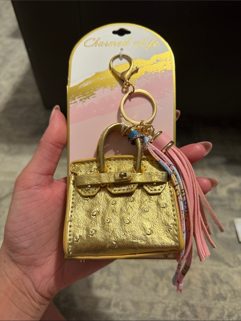 Mini Gold Berkin look alike keychain with pink tassel